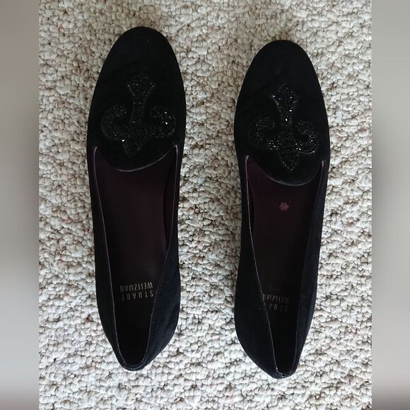 Stuart Weitzman sparkling Fleur De Lis Black Loafers size 8.5 Narrow - Picture 3 of 12